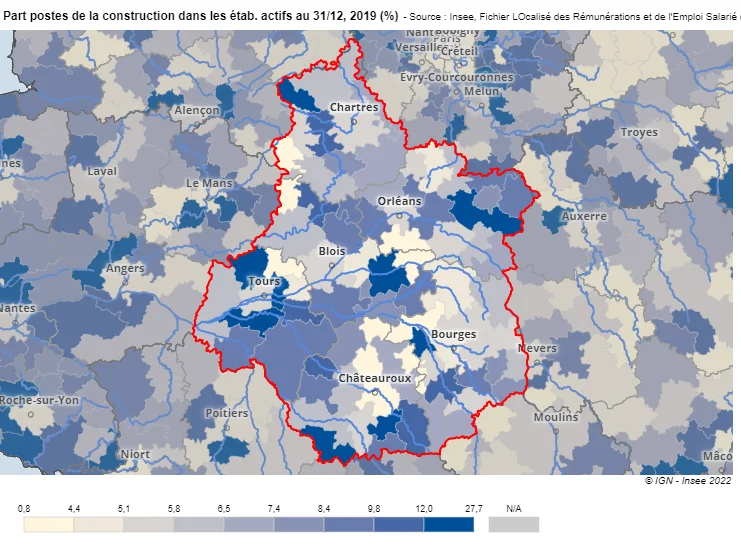 Rapport du nombre d'entreprises de construction sur le nombre total d'entreprises - région Centre Val-de-Loire 