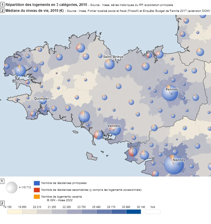 Médiane du niveau de vie € / an et pourcentages de résidences principales et secondaires en 2019 dans la région Bretagne (source INSEE)