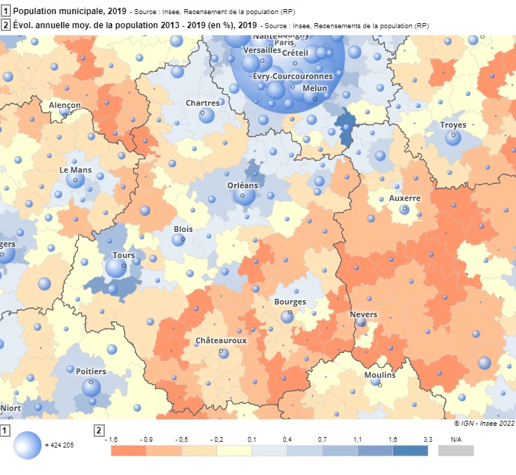 La population en 2019 dans chaque intercommunalités et l'évolution démographique entre 2013 et 2019 - Région Centre Val-de-Loire (source INSEE)