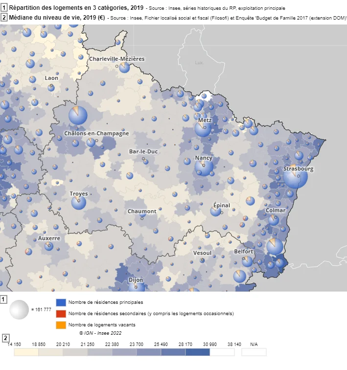 Médiane du niveau de vie € / an et pourcentages de résidences principales et secondaires en 2019 dans la région Grand Est (source INSEE)