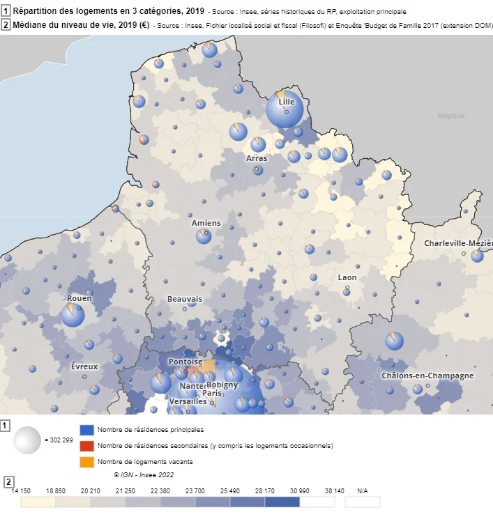 Médiane du niveau de vie € / an et pourcentages de résidences principales et secondaires en 2019 dans la région Hauts-de-France (source INSEE)