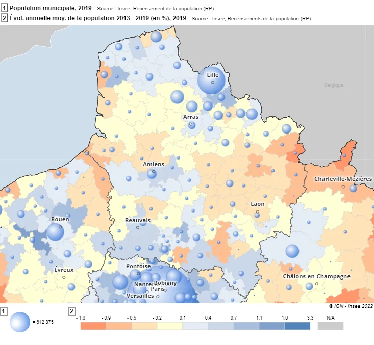 La population en 2019 dans chaque intercommunalités et l'évolution démographique entre 2013 et 2019 - Région Hauts-de-France (source INSEE)