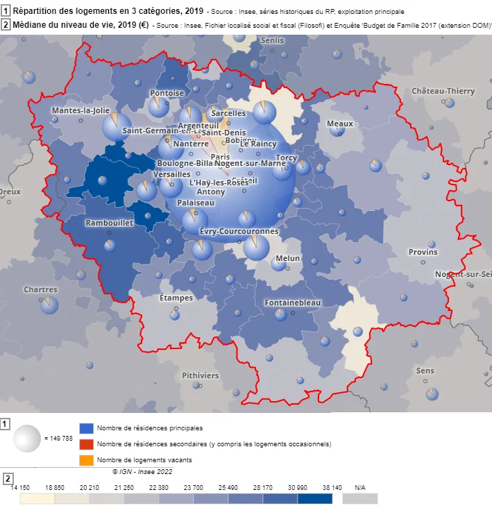 Médiane du niveau de vie € / an et pourcentages de résidences principales et secondaires en 2019 dans la région Île-de-France (source INSEE)