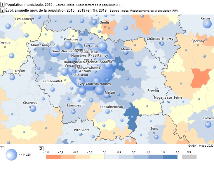 La population en 2019 dans chaque intercommunalités et l'évolution démographique entre 2013 et 2019 - Région Île-de-France (source INSEE)