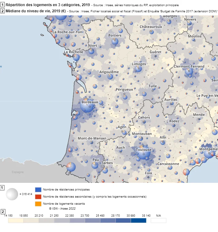 Médiane du niveau de vie € / an et pourcentages de résidences principales et secondaires en 2019 dans la région Nouvelle Aquitaine (source INSEE)