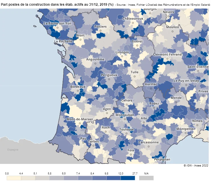 Rapport du nombre d'entreprises de construction sur le nombre total d'entreprises - région Nouvelle Aquitaine 