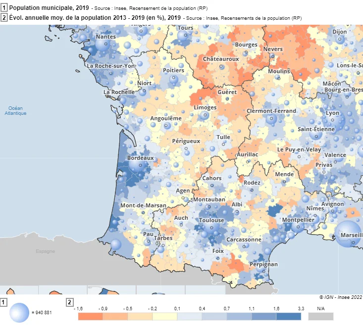 La population en 2019 dans chaque intercommunalités et l'évolution démographique entre 2013 et 2019 - Région Nouvelle Aquitaine (source INSEE)