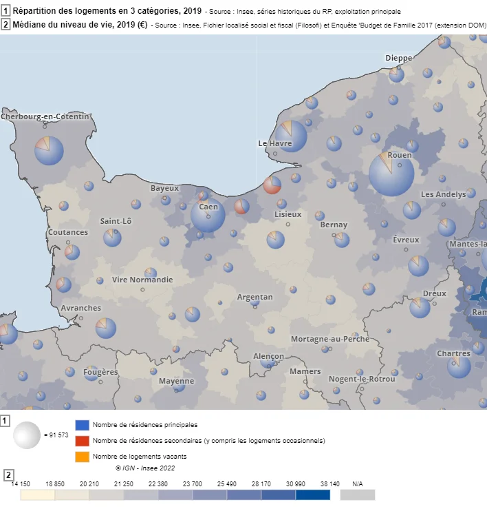 Médiane du niveau de vie € / an et pourcentages de résidences principales et secondaires en 2019 dans la région Normandie (source INSEE)