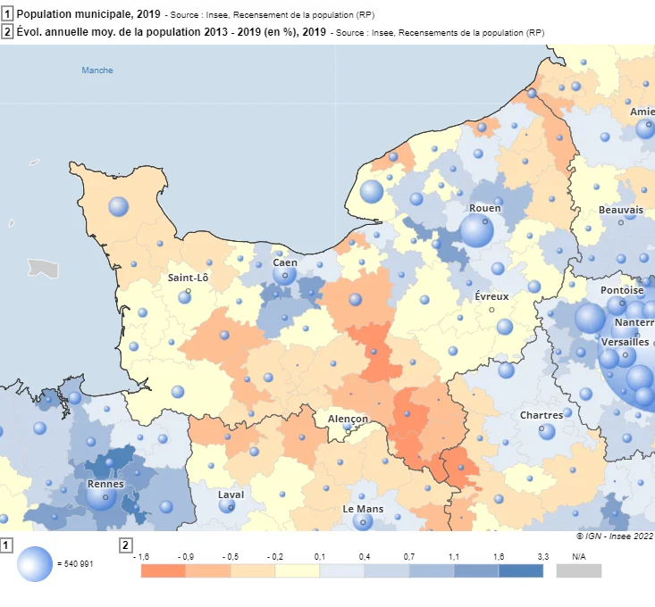 La population en 2019 dans chaque intercommunalités et l'évolution démographique entre 2013 et 2019 - Région Normandie (source INSEE)