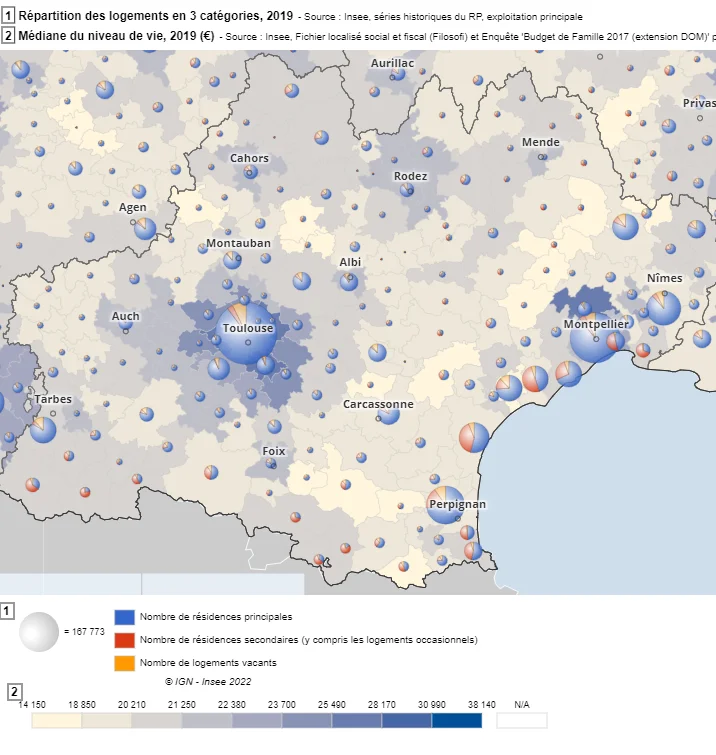 Médiane du niveau de vie € / an et pourcentages de résidences principales et secondaires en 2019 dans la région Occitanie (source INSEE)