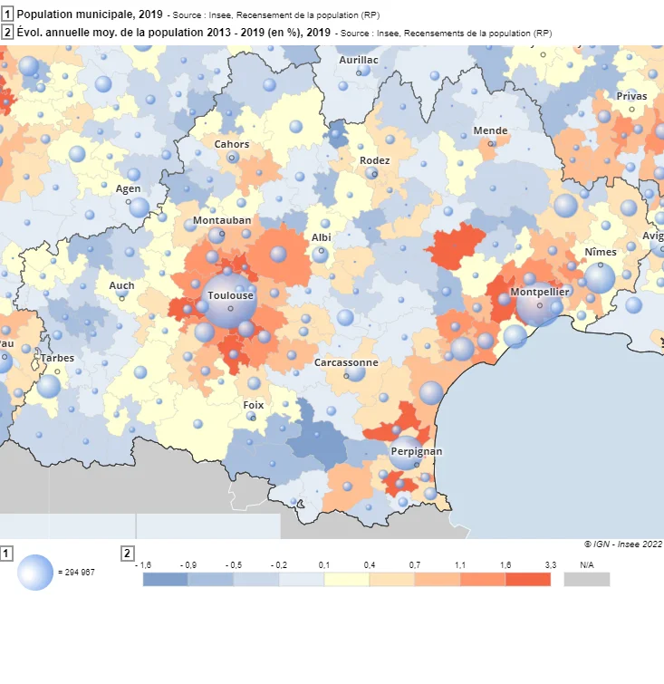 La population en 2019 dans chaque intercommunalités et l'évolution démographique entre 2013 et 2019 - Région Occitanie (source INSEE)