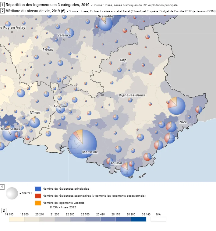 Médiane du niveau de vie € / an et pourcentages de résidences principales et secondaires en 2019 dans la région Provence-Alpes-Côte-d'Azur (source INSEE)
